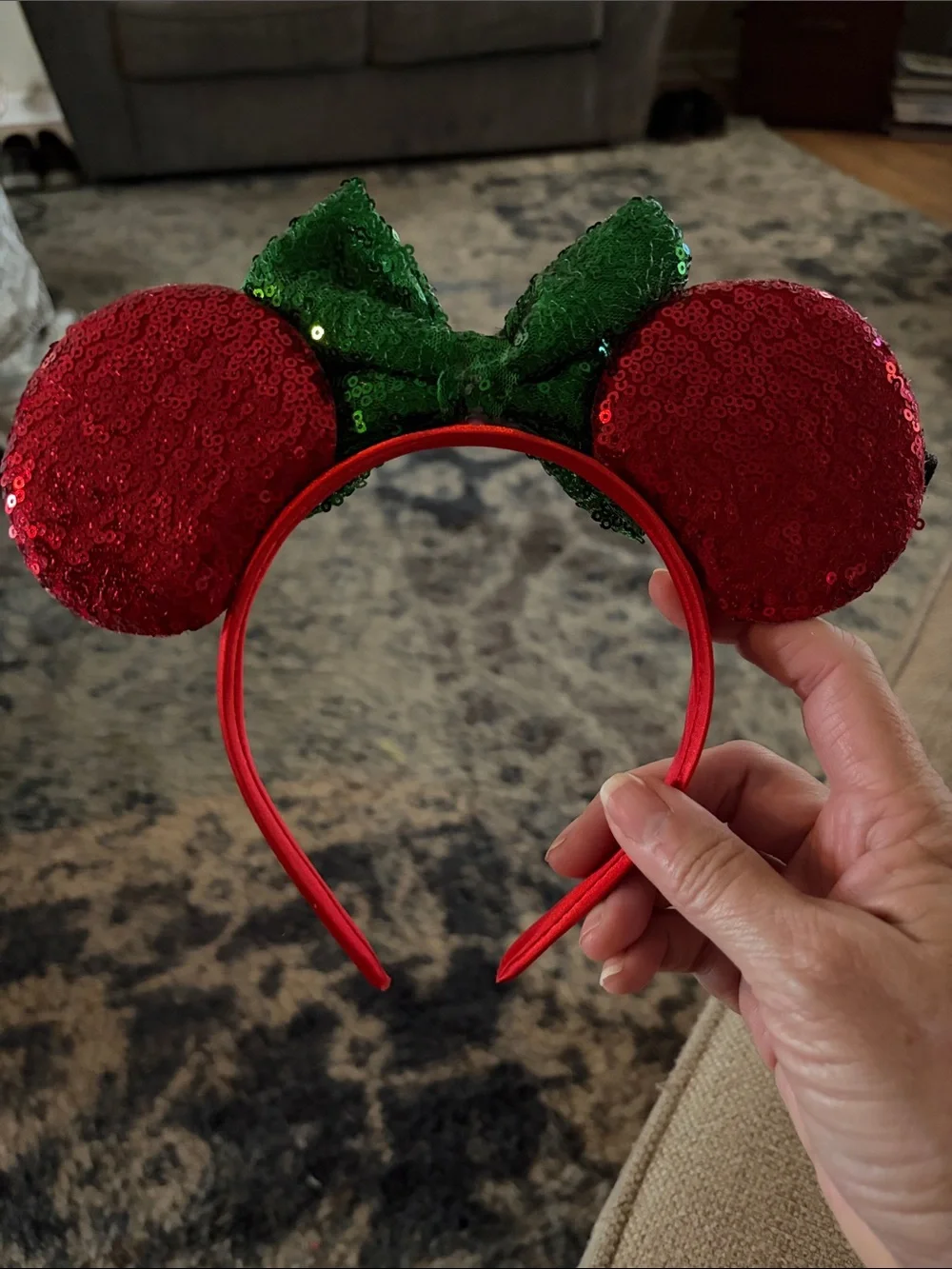 Disney Red & Green Sequin Minnie‎ Mouse Headband Christmas Holiday